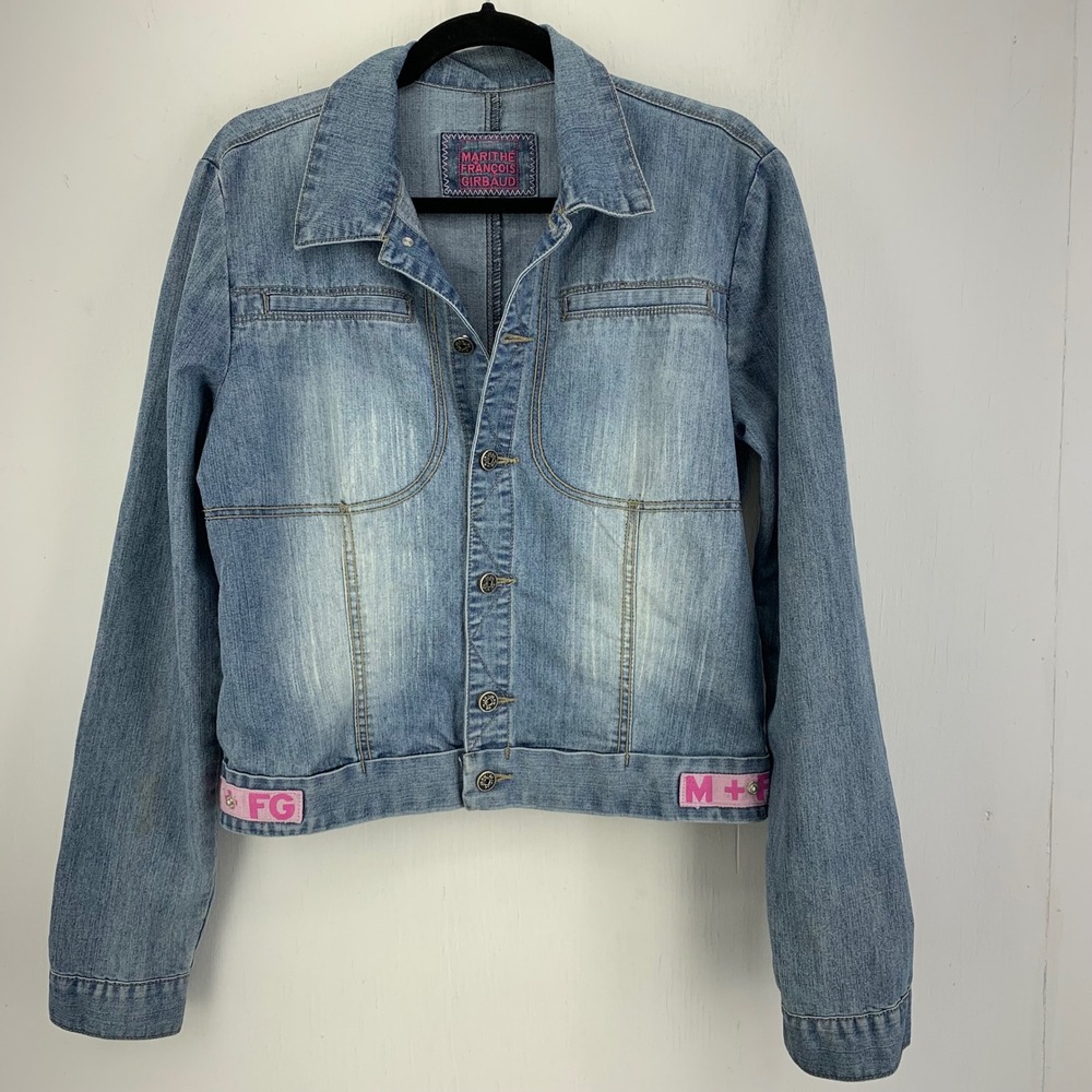 Marithe Francois Girbaud Light Wash Denim Cropped Jacket Pink Logo Tape Y2K Sz L